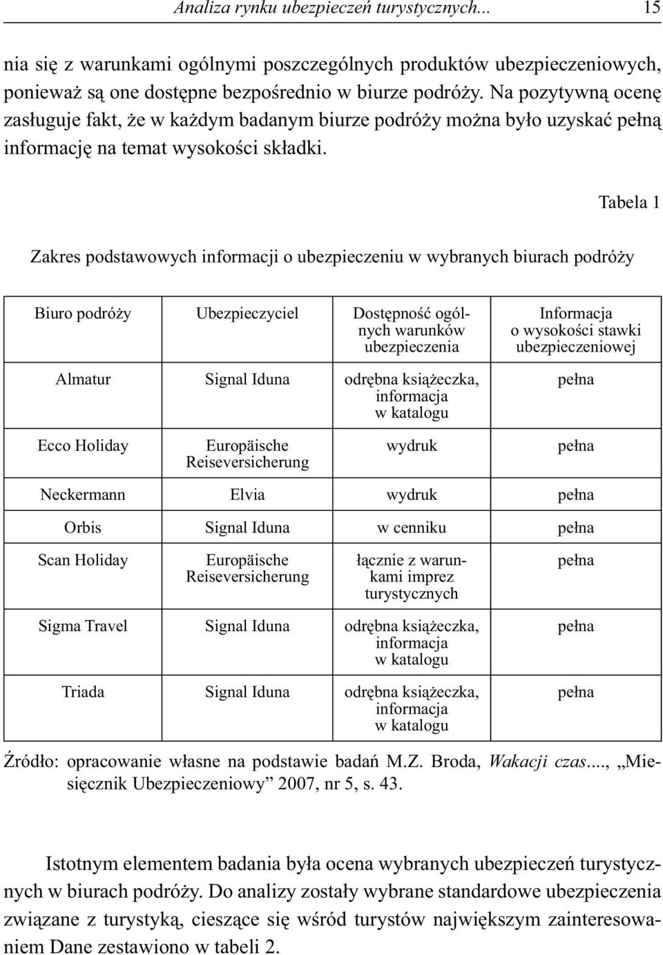 Tabela 1 Zakres podstawowych informacji o ubezpieczeniu w wybranych biurach podró y Biuro podró y Ubezpieczyciel Dost pno ogólnych warunków ubezpieczenia Almatur Signal Iduna odr bna ksi eczka,