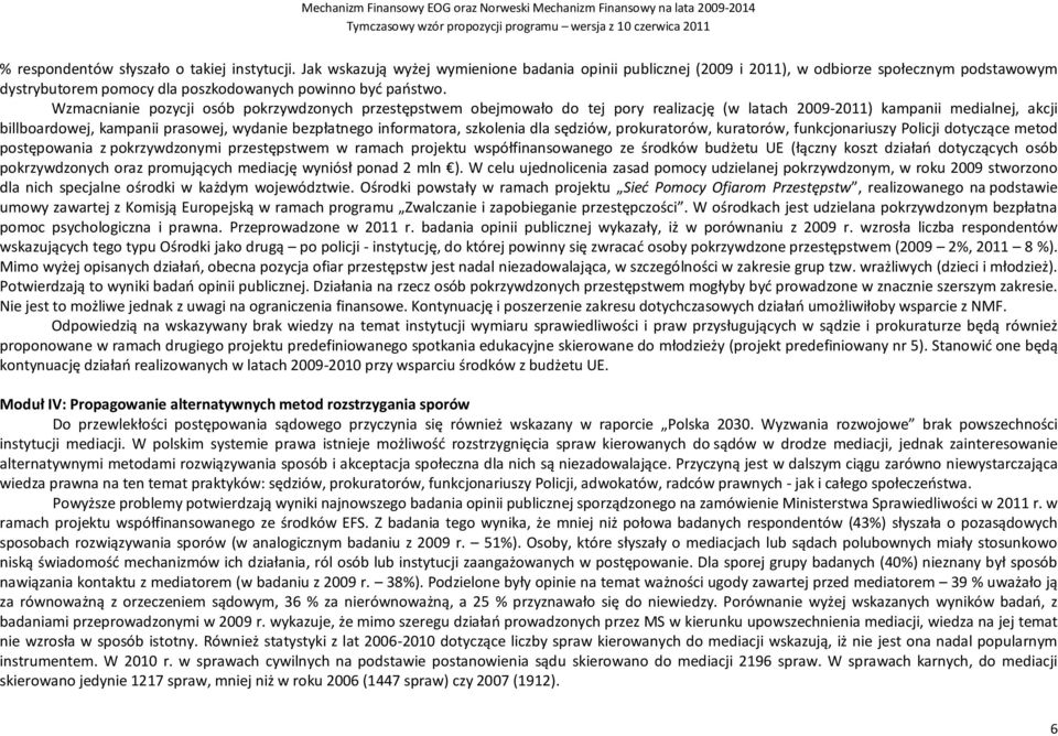 Wzmacnianie pozycji osób pokrzywdzonych przestępstwem obejmowało do tej pory realizację (w latach 2009-2011) kampanii medialnej, akcji billboardowej, kampanii prasowej, wydanie bezpłatnego