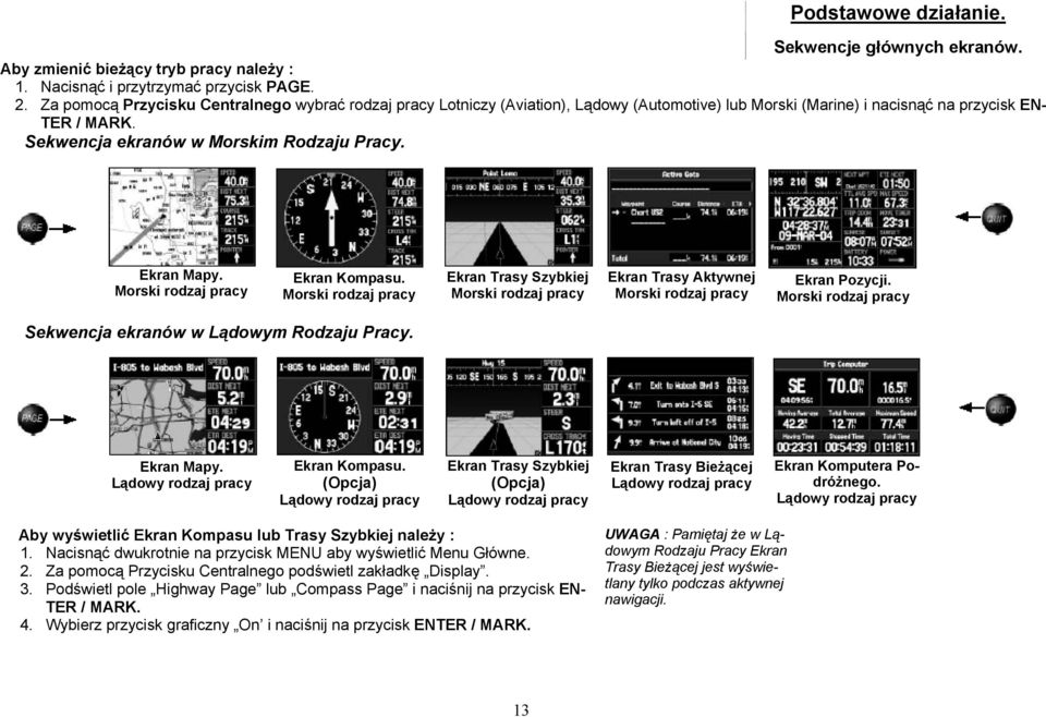 Ekran Mapy. Morski rodzaj pracy Ekran Kompasu. Morski rodzaj pracy Ekran Trasy Szybkiej Morski rodzaj pracy Ekran Trasy Aktywnej Morski rodzaj pracy Ekran Pozycji.