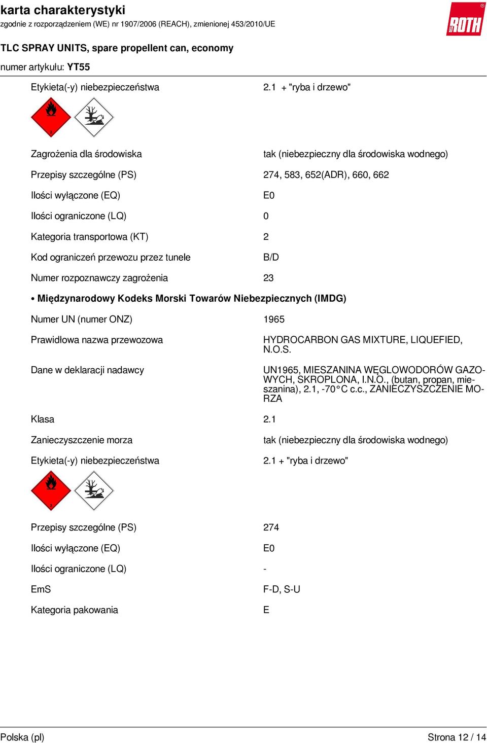Kategoria transportowa (KT) 2 Kod ograniczeń przewozu przez tunele B/D Numer rozpoznawczy zagrożenia 23 Międzynarodowy Kodeks Morski Towarów Niebezpiecznych (IMDG) Numer UN (numer ONZ) 1965