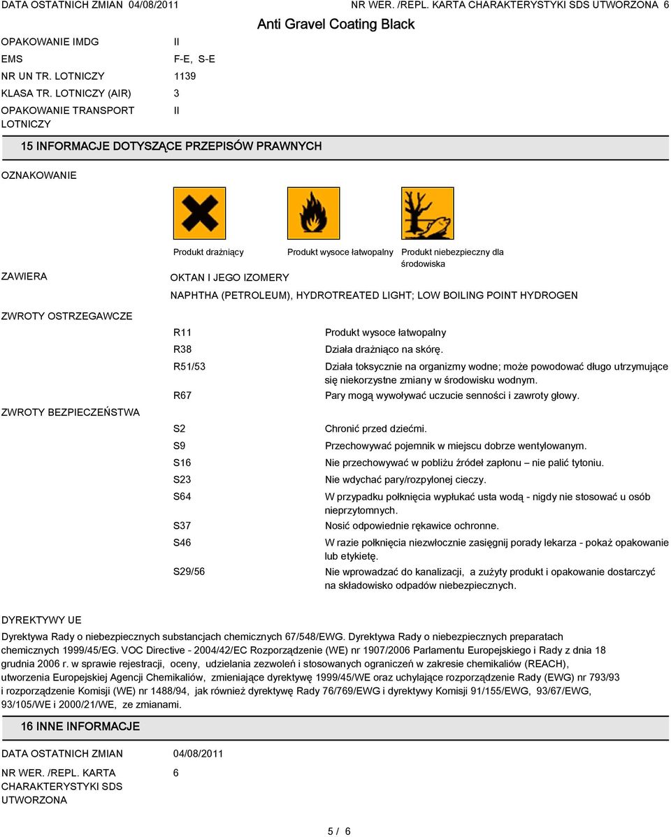 środowiska OKTAN I JEGO IZOMERY NAPHTHA (PETROLEUM), HYDROTREATED LIGHT; LOW BOILING POINT HYDROGEN ZWROTY OSTRZEGAWCZE R11 R8 Produkt wysoce łatwopalny Działa drażniąco na skórę.