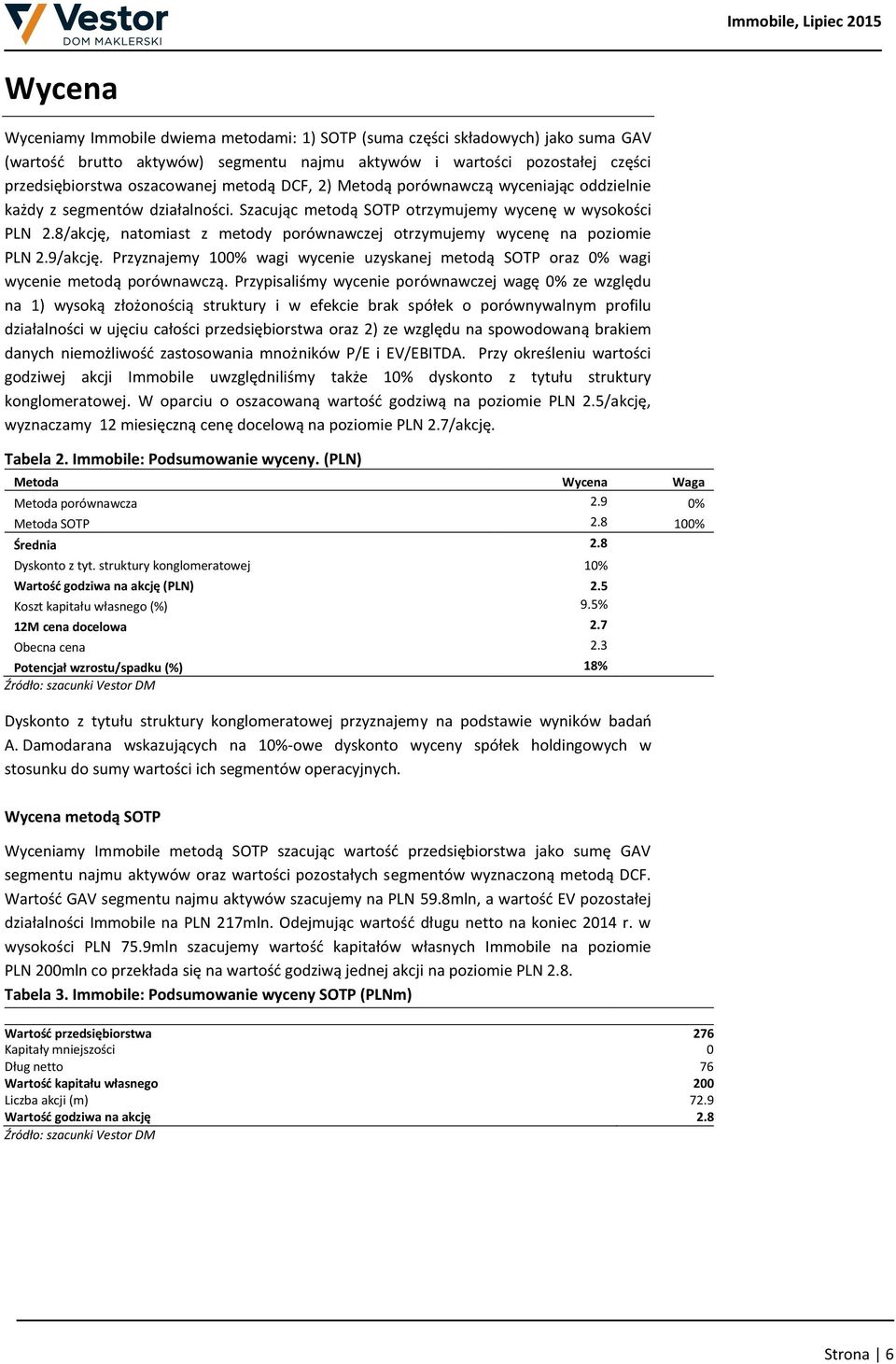 8/akcję, natomiast z metody porównawczej otrzymujemy wycenę na poziomie PLN 2.9/akcję. Przyznajemy 100% wagi wycenie uzyskanej metodą SOTP oraz 0% wagi wycenie metodą porównawczą.