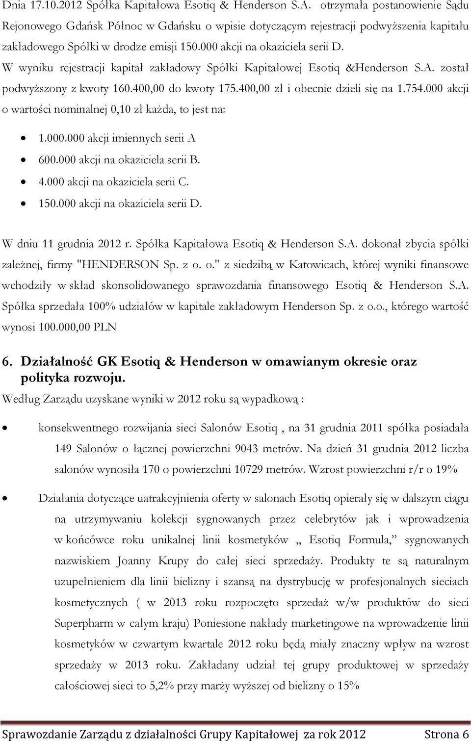 W wyniku rejestracji kapitał zakładowy Spółki Kapitałowej Esotiq &Henderson S.A. został podwyższony z kwoty 160.400,00 do kwoty 175.400,00 zł i obecnie dzieli się na 1.754.