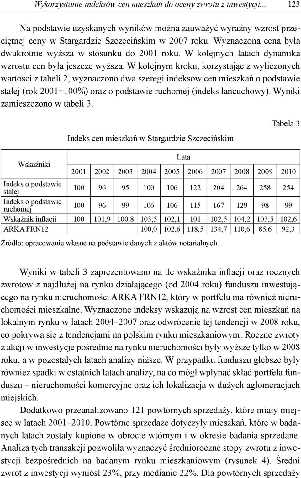 W kolejnym kroku, korzystając z wyliczonych wartości z tabeli 2, wyznaczono dwa szeregi indeksów cen mieszkań o podstawie stałej (rok 2001=100%) oraz o podstawie ruchomej (indeks łańcuchowy).