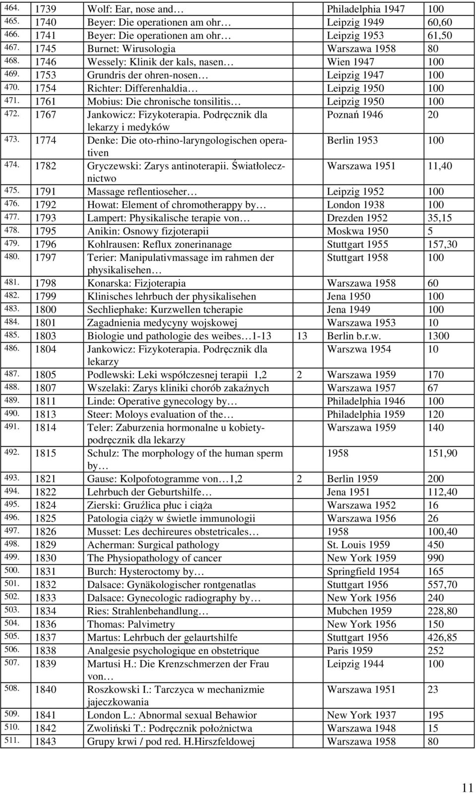 1754 Richter: Differenhaldia Leipzig 1950 100 471. 1761 Mobius: Die chronische tonsilitis Leipzig 1950 100 472. 1767 Jankowicz: Fizykoterapia. Podręcznik dla Poznań 1946 20 lekarzy i medyków 473.