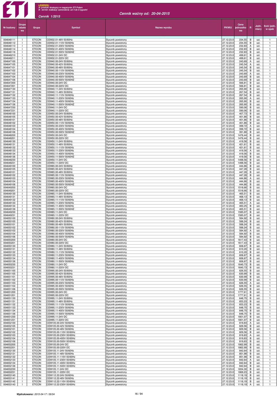 01-400V-50/60Hz Stycznik powietrzny 27.12.23.0 232,83 B szt. 1 004646116 I ETICON CEM32.01-500V-50/60HZ Stycznik powietrzny 27.12.23.0 232,83 B szt. 1 004646210 I ETICON CEM32.