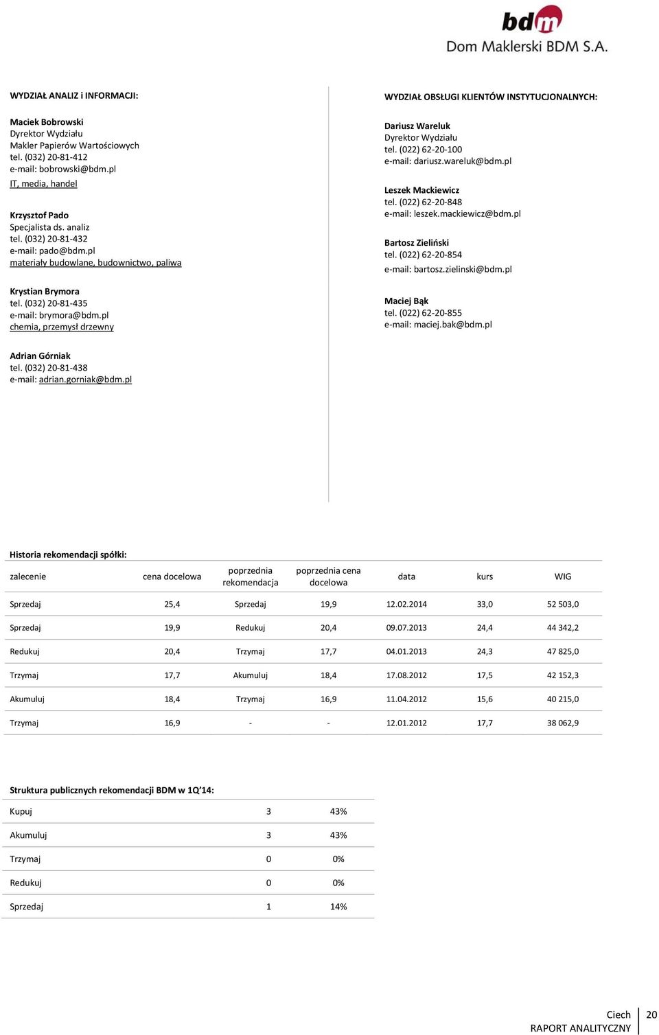 pl chemia, przemysł drzewny WYDZIAŁ OBSŁUGI KLIENTÓW INSTYTUCJONALNYCH: Dariusz Wareluk Dyrektor Wydziału tel. (022) 62 20 100 e mail: dariusz.wareluk@bdm.pl Leszek Mackiewicz tel.