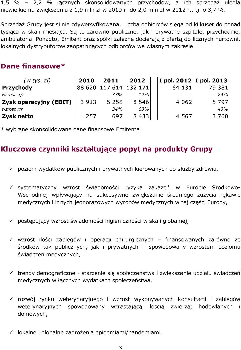 Ponadto, Emitent oraz spółki zależne docierają z ofertą do licznych hurtowni, lokalnych dystrybutorów zaopatrujących odbiorców we własnym zakresie. Dane finansowe* (w tys. zł) 2010 2011 2012 I poł.