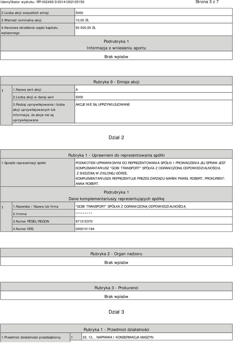 Rodzaj uprzywilejowania i liczba akcji uprzywilejowanych lub informacja, że akcje nie są uprzywilejowane AKCJE NIE SĄ UPRZYWILEJOWANE Dział 2 Rubryka 1 - Uprawnieni do reprezentowania spółki 1.