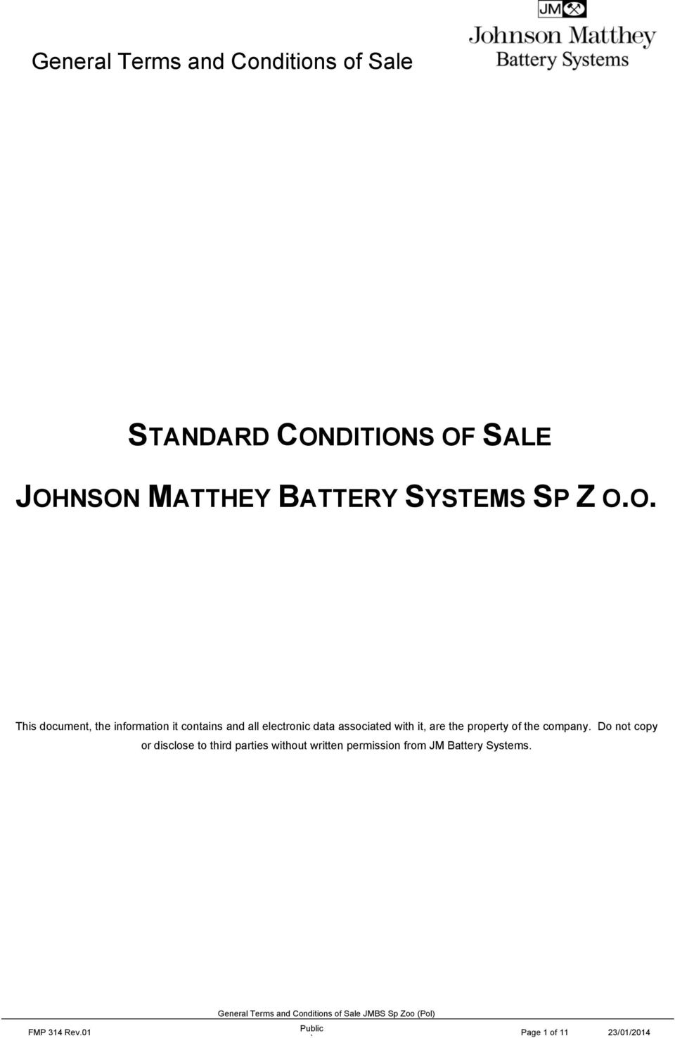 S OF SALE JOHNSON MATTHEY BATTERY SYSTEMS SP Z O.O. This document, the