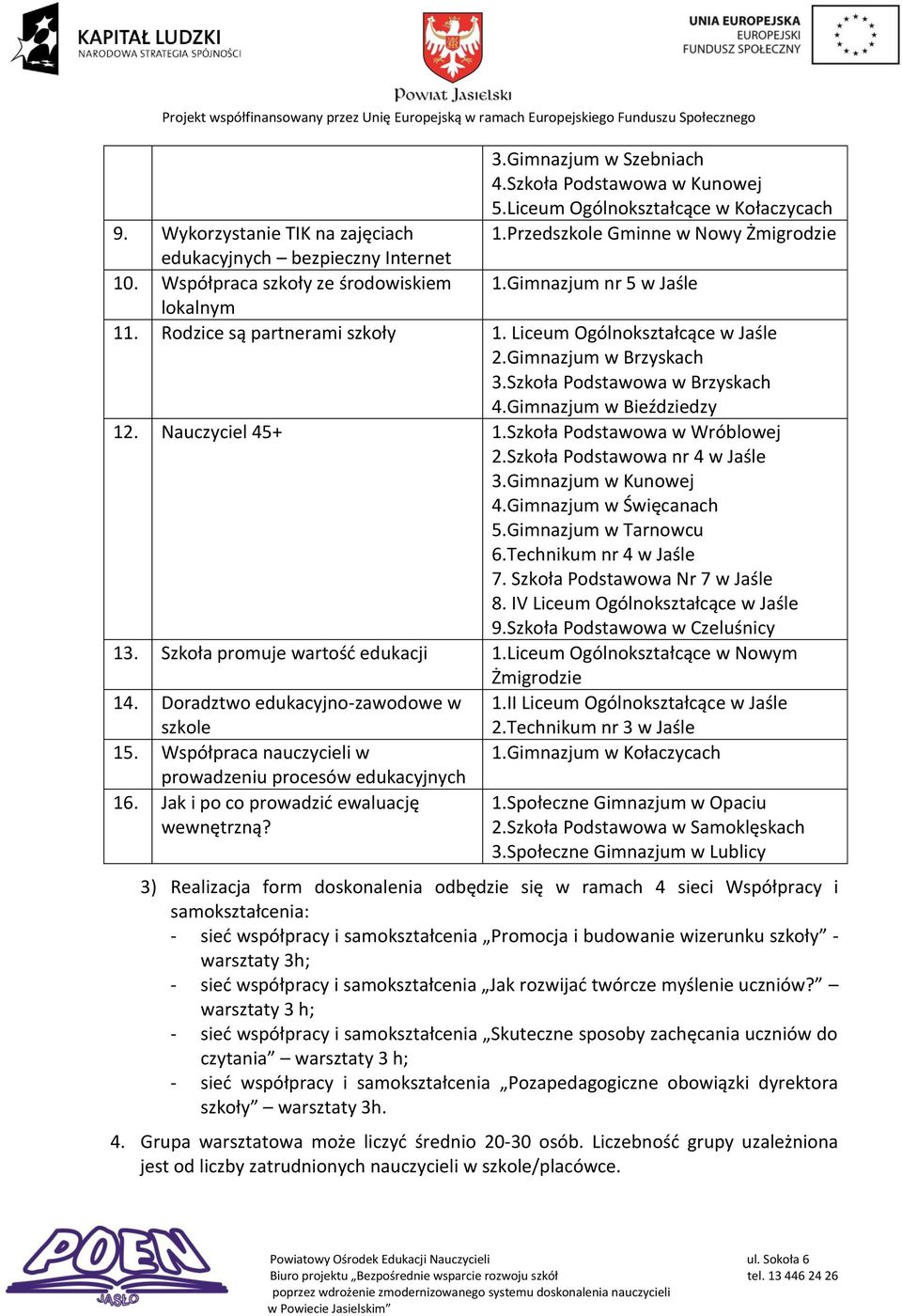 Liceum Ogólnokształcące w Jaśle 2.Gimnazjum w Brzyskach 3.Szkoła Podstawowa w Brzyskach 4.Gimnazjum w Bieździedzy 12. Nauczyciel 45+ 1.Szkoła Podstawowa w Wróblowej 2.Szkoła Podstawowa nr 4 w Jaśle 3.