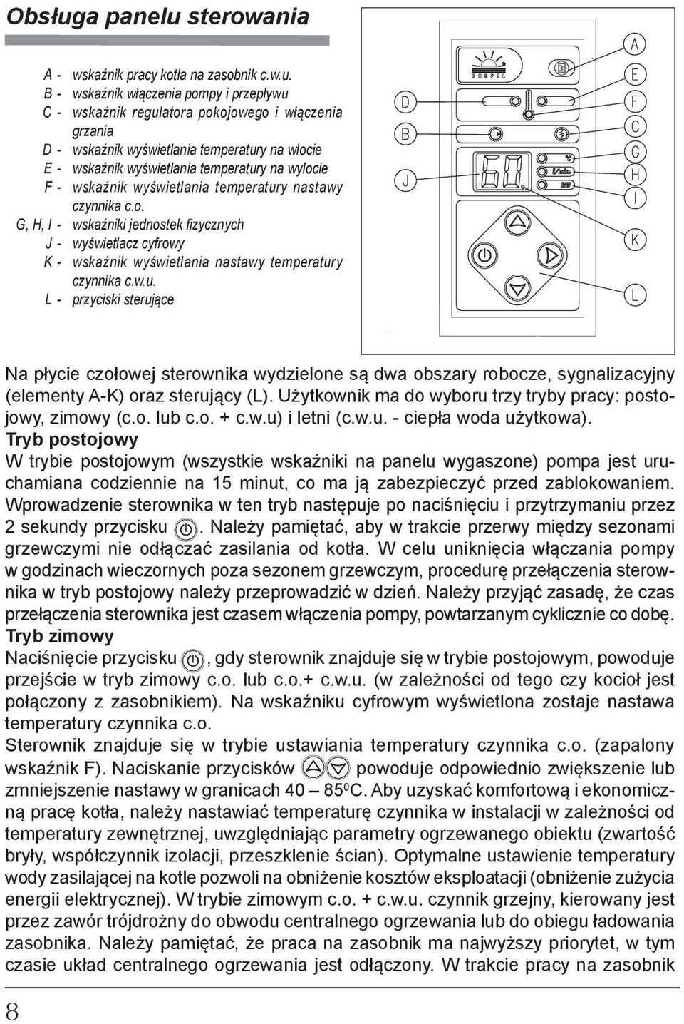 sterowania A - wskaźnik pracy kotła na zasobnik c.w.u.