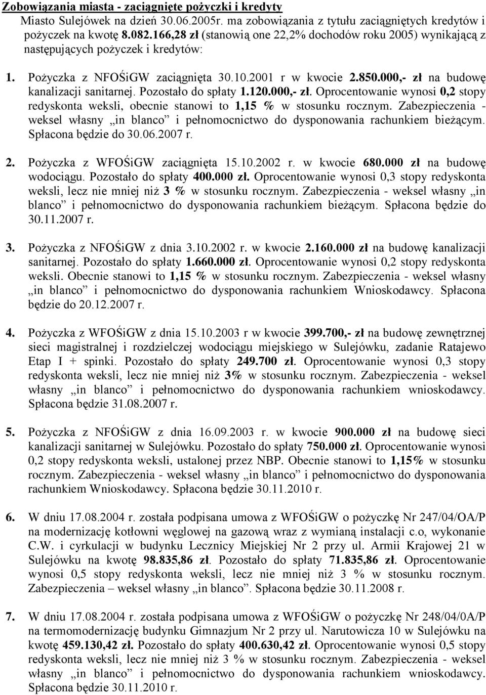 000,- zł na budowę kanalizacji sanitarnej. Pozostało do spłaty 1.120.000,- zł. Oprocentowanie wynosi 0,2 stopy redyskonta weksli, obecnie stanowi to 1,15 % w stosunku rocznym.