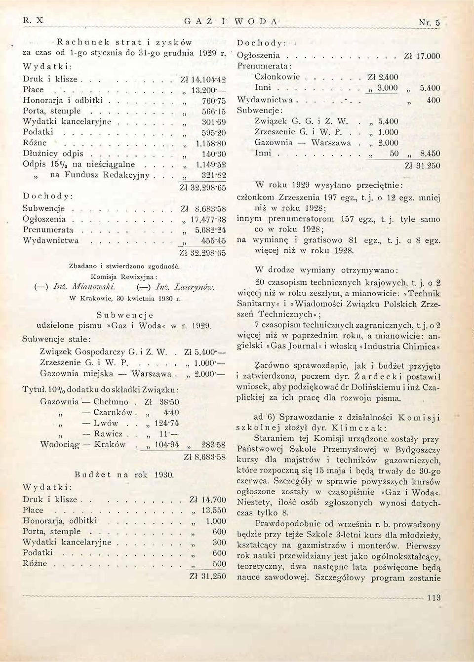 .. 321*82 Zł 32.298*65 Dochody: Subwencje.... '.Zł 8.683-58 Ogłoszenia 17.477-38 Prenumerata 5.682-24 Wydawnictwa 455*45 Zł 32.298*65 Zbadano i stwierdzono zgodność. Komisja Rewizyjna : ( ) Int.