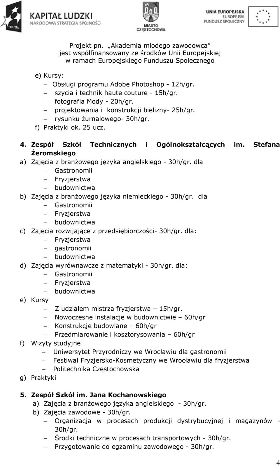 dla Gastronomii Fryzjerstwa budownictwa b) Zajęcia z branżowego języka niemieckiego - 30h/gr. dla Gastronomii Fryzjerstwa budownictwa c) Zajęcia rozwijające z przedsiębiorczości- 30h/gr.