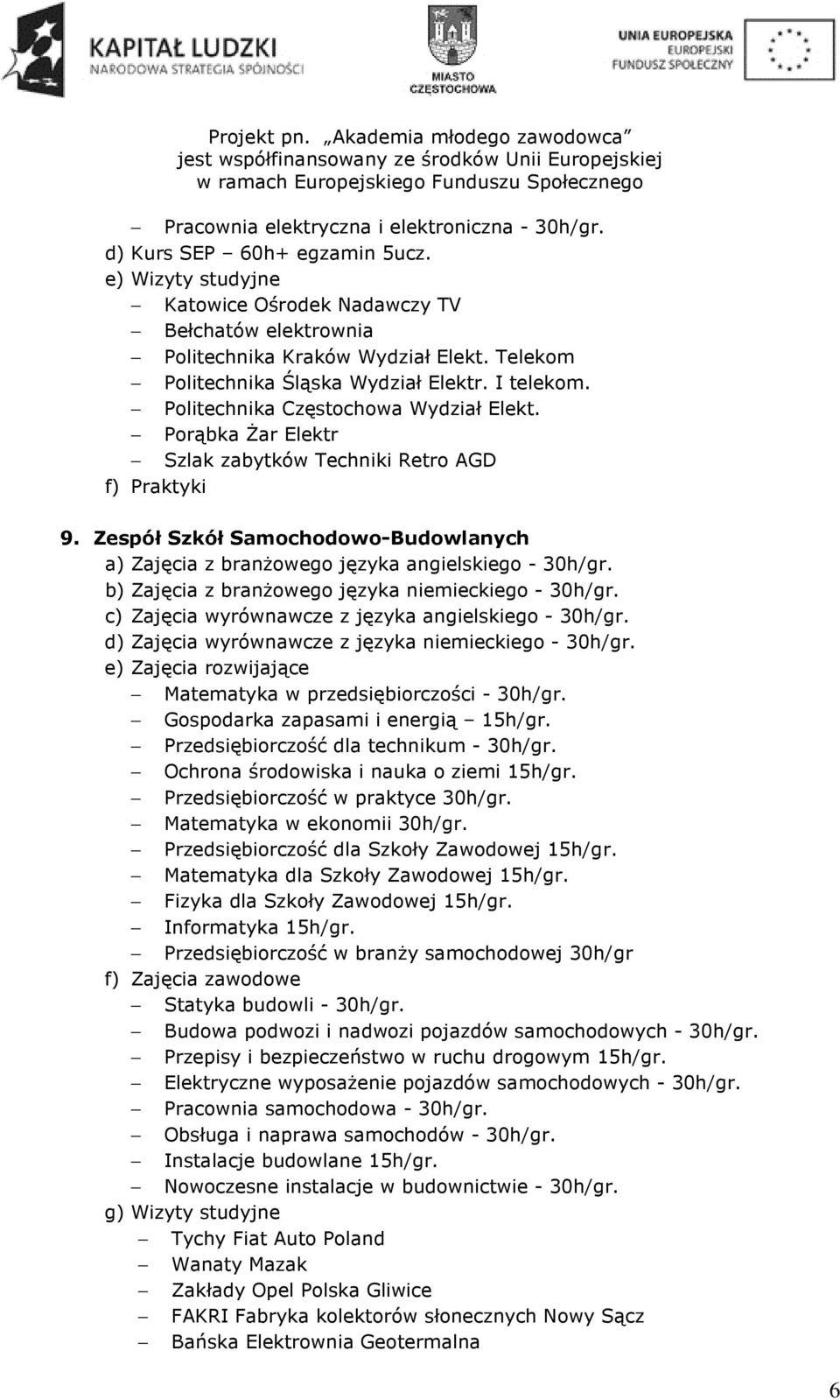 Zespół Szkół Samochodowo-Budowlanych a) Zajęcia z branżowego języka angielskiego - 30h/gr. b) Zajęcia z branżowego języka niemieckiego - 30h/gr. c) Zajęcia wyrównawcze z języka angielskiego - 30h/gr.