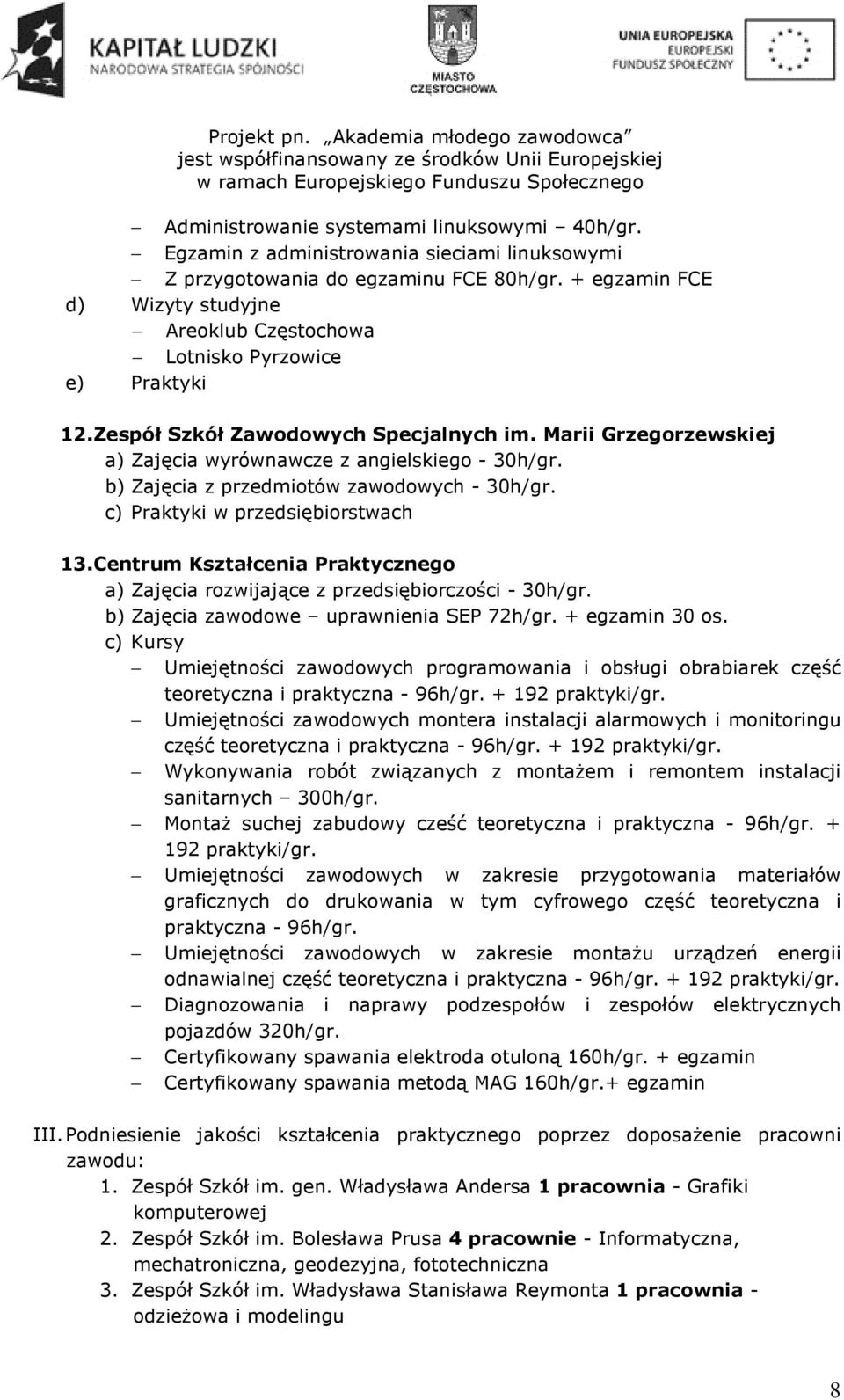 b) Zajęcia z przedmiotów zawodowych - 30h/gr. c) Praktyki w przedsiębiorstwach 13. Centrum Kształcenia Praktycznego a) Zajęcia rozwijające z przedsiębiorczości - 30h/gr.