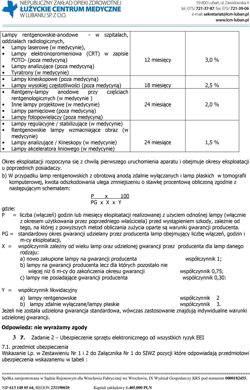 rentgenologicznych (w medycynie ) Inne lampy projektowe (w medycynie) 24 miesiące 2,0 % Lampy pamięciowe (poza medycyną) Lampy fotopowielaczy (poza medycyną) Lampy regulacyjne / stabilizujące (w