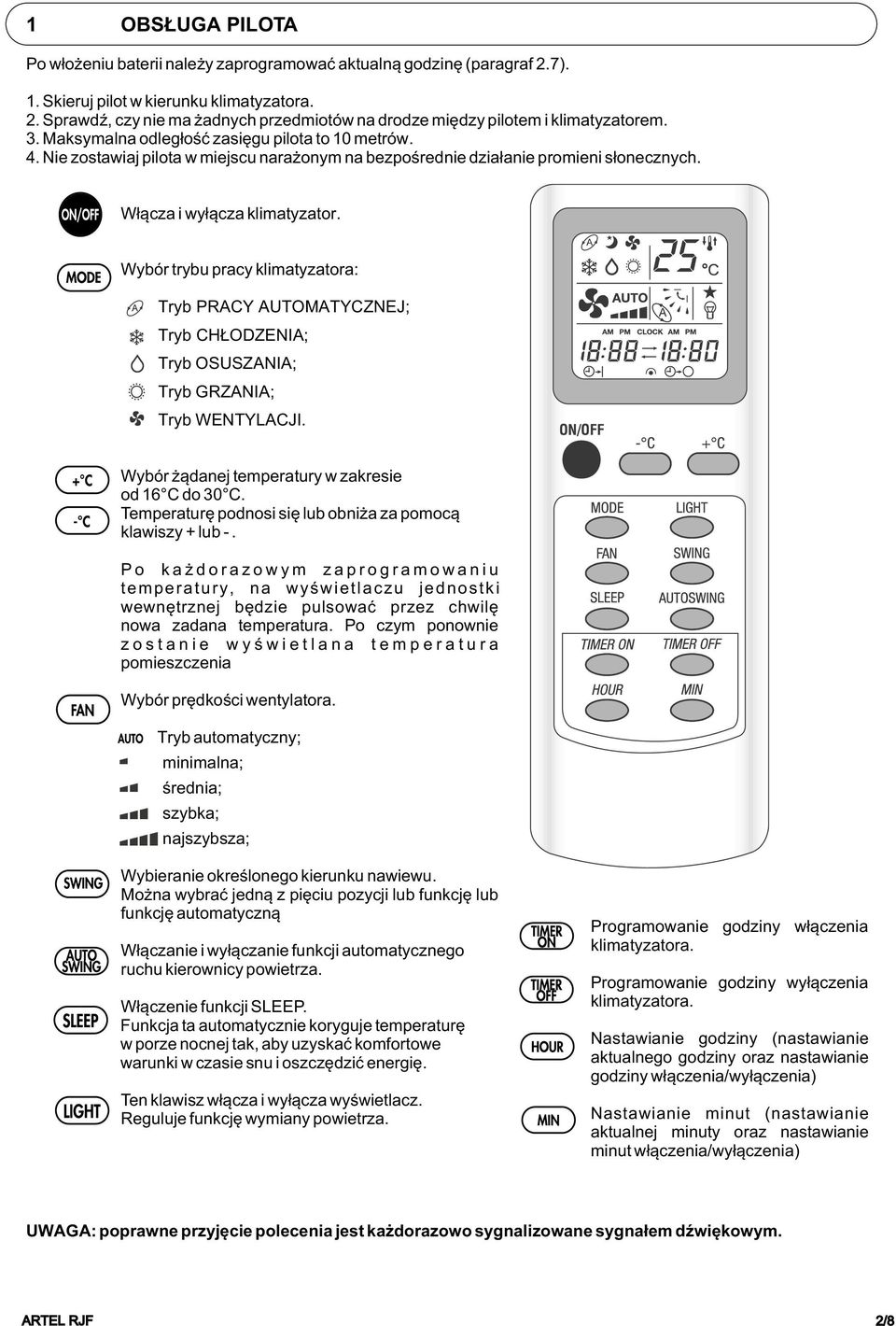 Wybór trybu pracy klimatyzatora: Tryb PRACY AUTOMATYCZNEJ; Tryb CH ODZENIA; Tryb OSUSZANIA; Tryb GRZANIA; Tryb WENTYLACJI. Wybór ¹danej temperatury w zakresie od 16 C do 3 C.