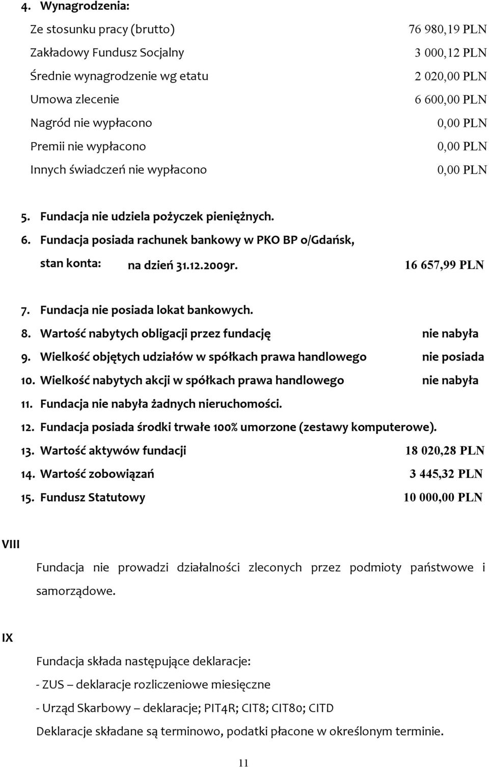 12.2009r. 16 657,99 PLN 7. Fundacja nie posiada lokat bankowych. 8. Wartość nabytych obligacji przez fundację nie nabyła 9. Wielkość objętych udziałów w spółkach prawa handlowego nie posiada 10.