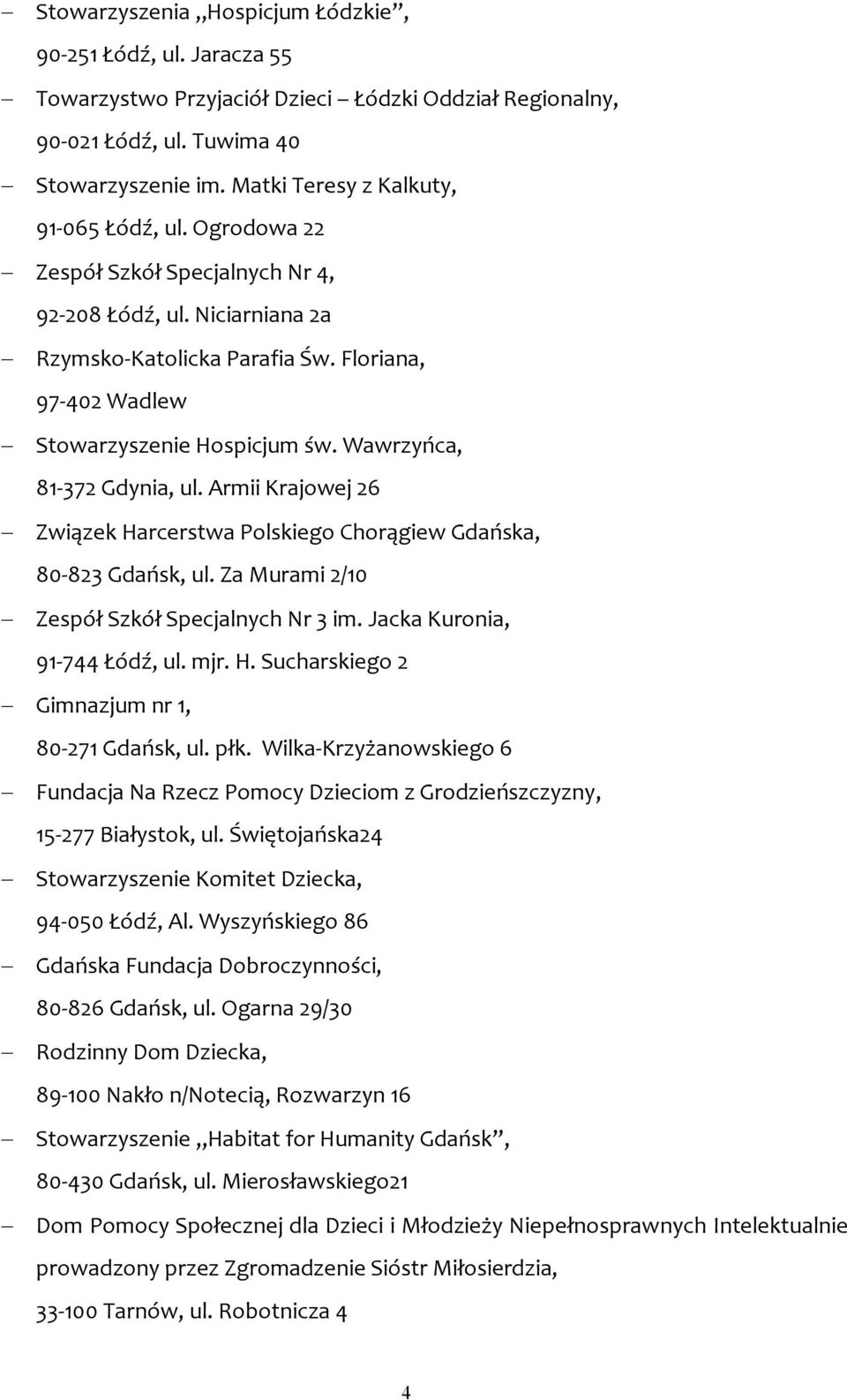 Wawrzyńca, 81-372 Gdynia, ul. Armii Krajowej 26 Związek Harcerstwa Polskiego Chorągiew Gdańska, 80-823 Gdańsk, ul. Za Murami 2/10 Zespół Szkół Specjalnych Nr 3 im. Jacka Kuronia, 91-744 Łódź, ul. mjr.