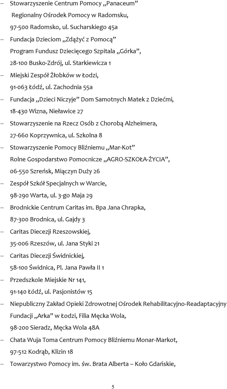 Zachodnia 55a Fundacja Dzieci Niczyje Dom Samotnych Matek z Dziećmi, 18-430 Wizna, Nieławice 27 Stowarzyszenie na Rzecz Osób z Chorobą Alzheimera, 27-660 Koprzywnica, ul.