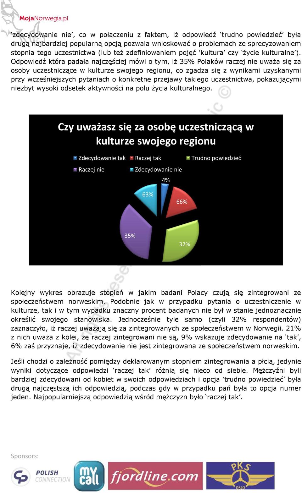 Odpowiedź która padała najczęściej mówi o tym, iż 35% Polaków raczej nie uważa się za osoby uczestniczące w kulturze swojego regionu, co zgadza się z wynikami uzyskanymi przy wcześniejszych pytaniach