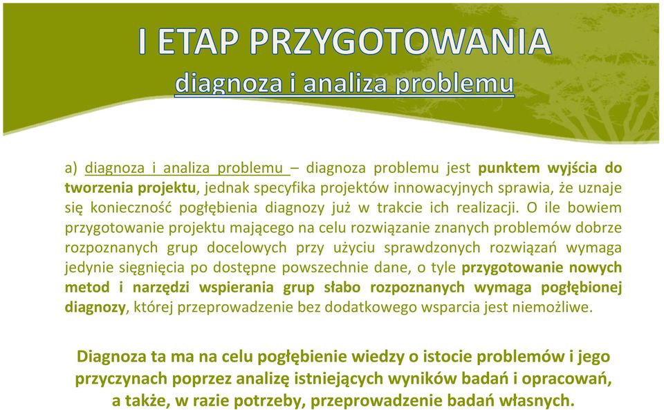 O ile bowiem przygotowanie projektu mającego na celu rozwiązanie znanych problemów dobrze rozpoznanych grup docelowych przy użyciu sprawdzonych rozwiązań wymaga jedynie sięgnięcia po dostępne