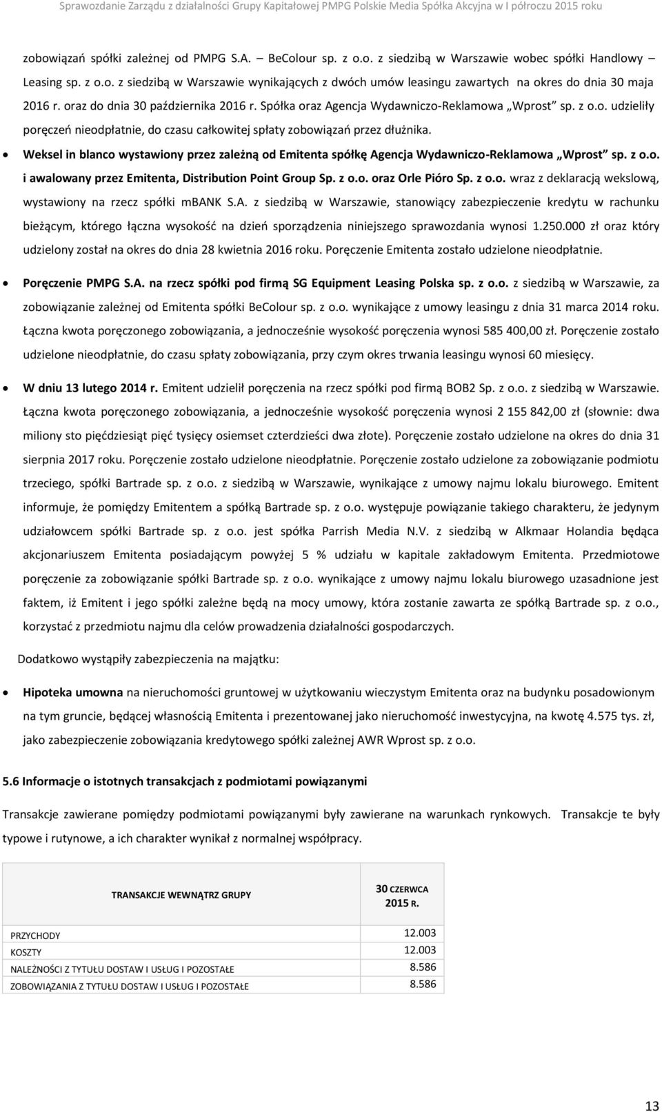 Weksel in blanco wystawiony przez zależną od Emitenta spółkę Agencja Wydawniczo-Reklamowa Wprost sp. z o.o. i awalowany przez Emitenta, Distribution Point Group Sp. z o.o. oraz Orle Pióro Sp. z o.o. wraz z deklaracją wekslową, wystawiony na rzecz spółki mbank S.