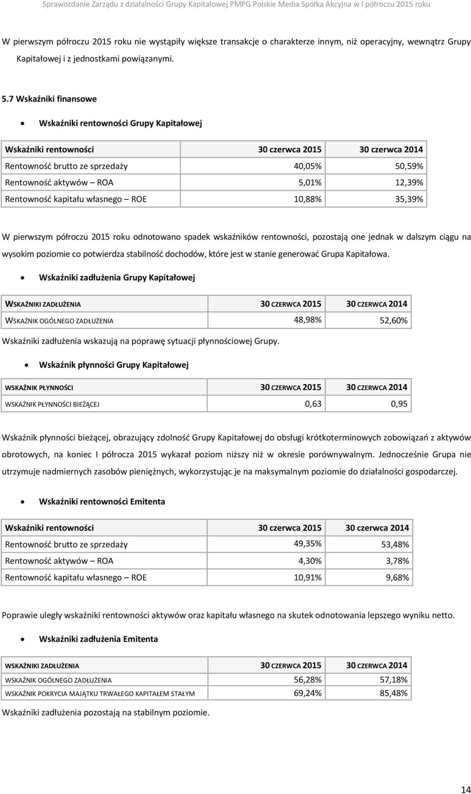 Rentowność kapitału własnego ROE 10,88% 35,39% W pierwszym półroczu 2015 roku odnotowano spadek wskaźników rentowności, pozostają one jednak w dalszym ciągu na wysokim poziomie co potwierdza