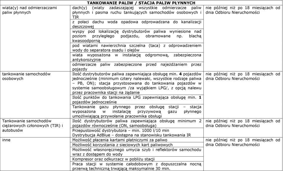 blachą kwasoodporną pod wiatami nawierzchnia szczelna (taca) z odprowadzeniem wody do separatora osadu i olejów wiata wyposażona w instalację odgromową, zabezpieczona antykorozyjnie odmierzacze paliw