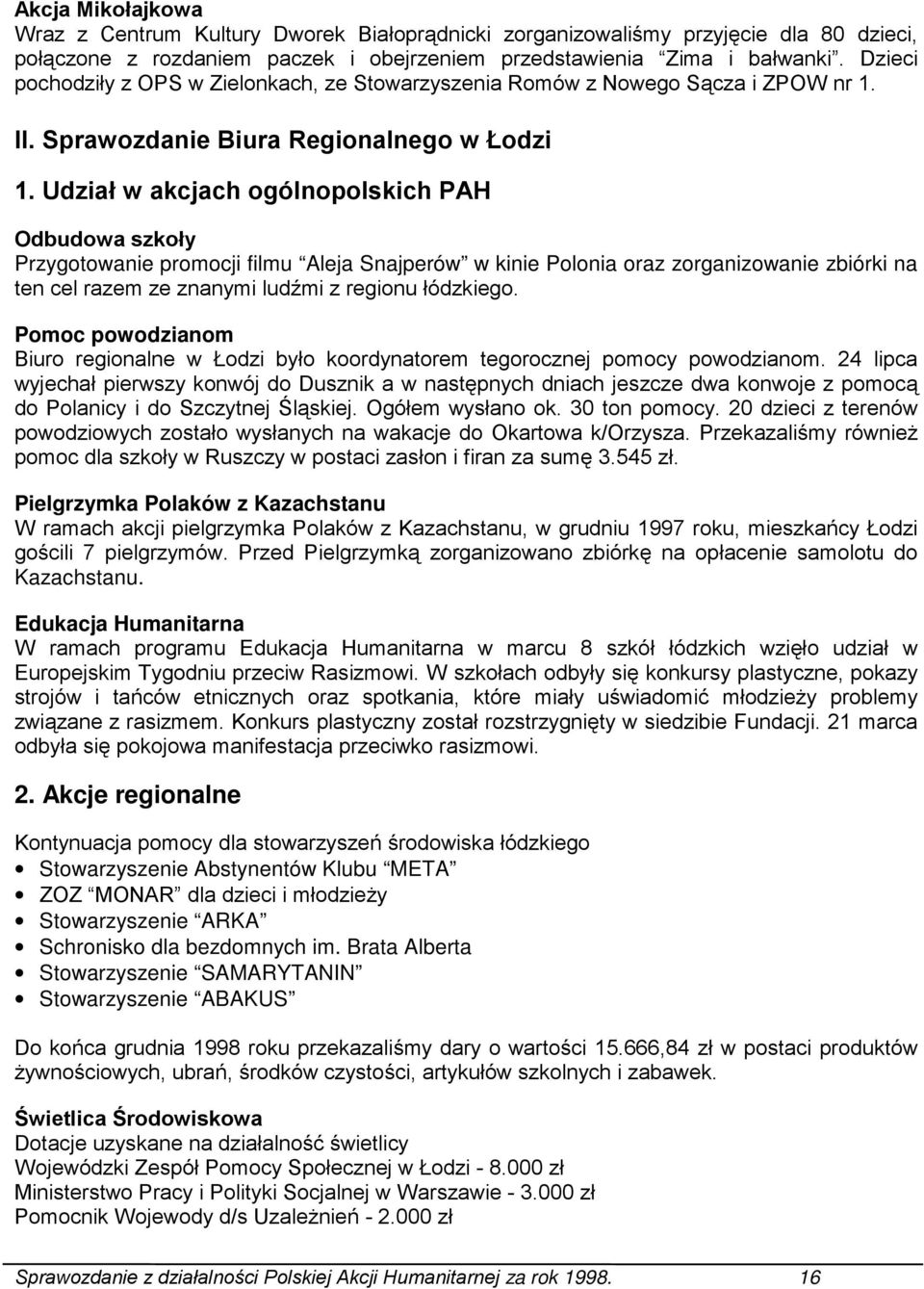 Udział w akcjach ogólnopolskich PAH Odbudowa szkoły Przygotowanie promocji filmu Aleja Snajperów w kinie Polonia oraz zorganizowanie zbiórki na ten cel razem ze znanymi ludźmi z regionu łódzkiego.