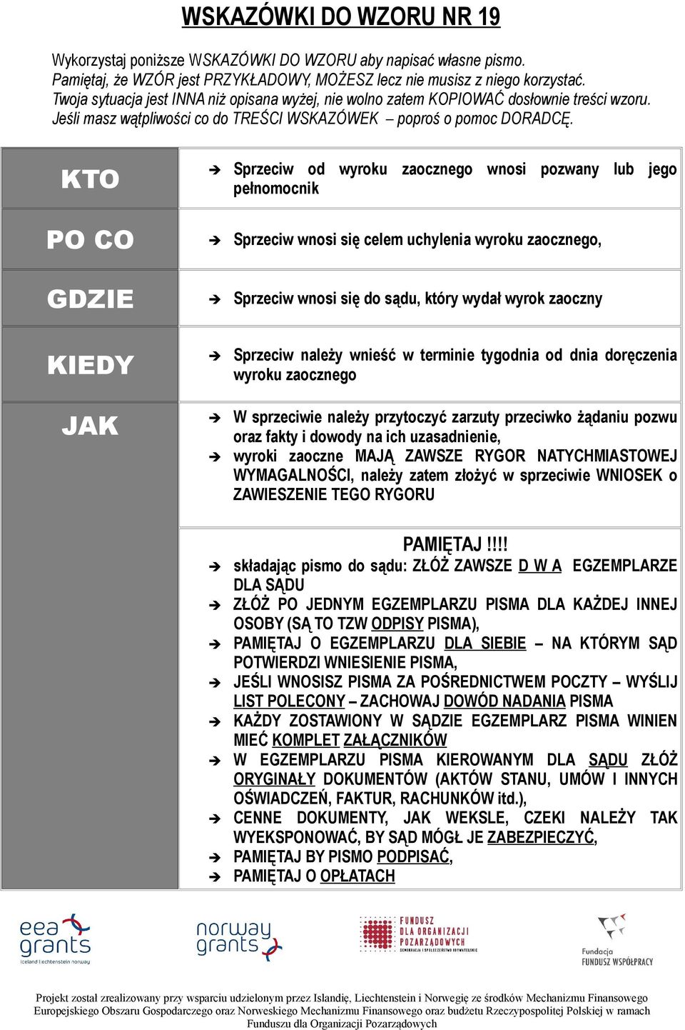 KTO Sprzeciw od wyroku zaocznego wnosi pozwany lub jego pełnomocnik PO CO Sprzeciw wnosi się celem uchylenia wyroku zaocznego, GDZIE Sprzeciw wnosi się do sądu, który wydał wyrok zaoczny KIEDY JAK