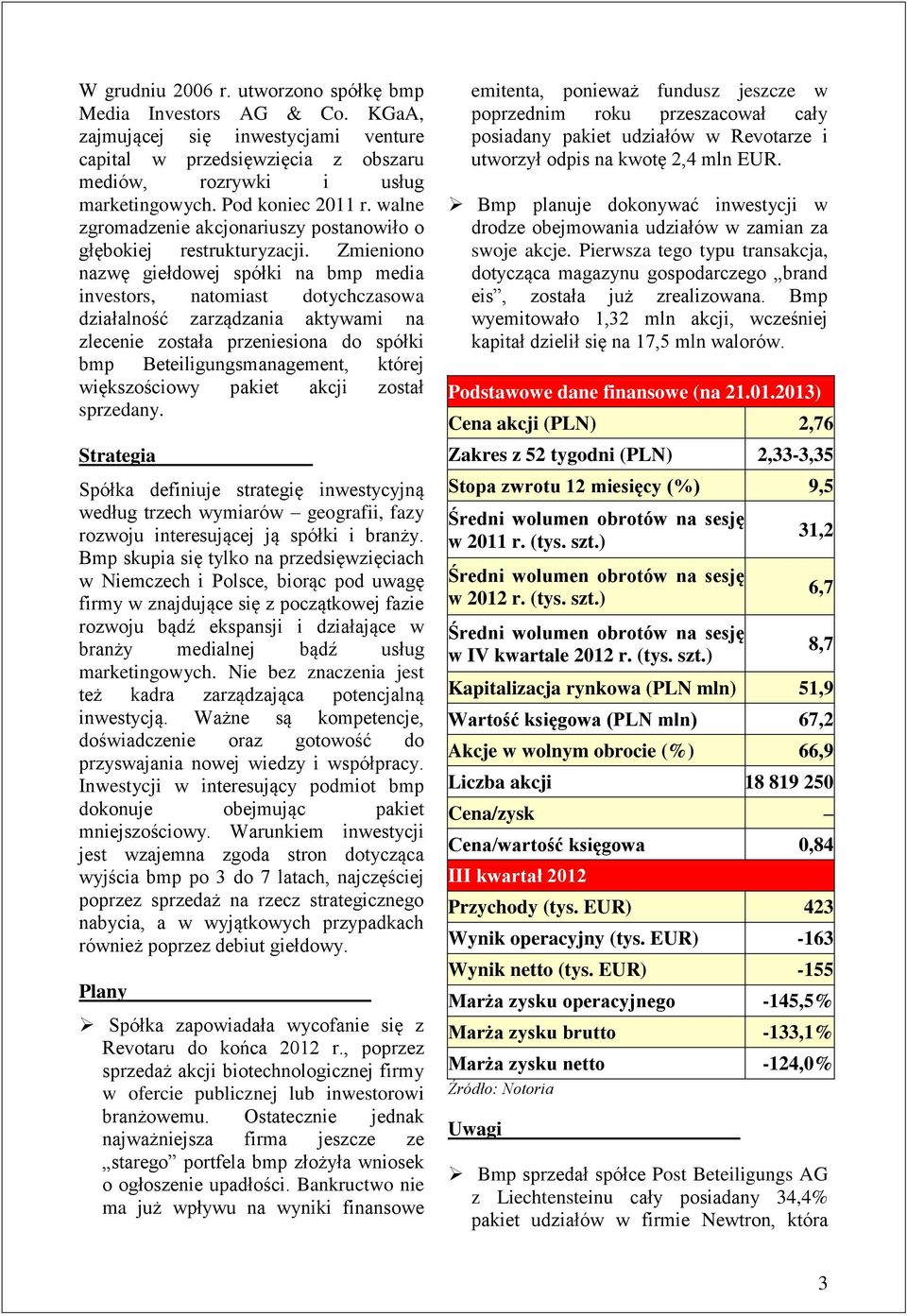 Zmieniono nazwę giełdowej spółki na bmp media investors, natomiast dotychczasowa działalność zarządzania aktywami na zlecenie została przeniesiona do spółki bmp Beteiligungsmanagement, której