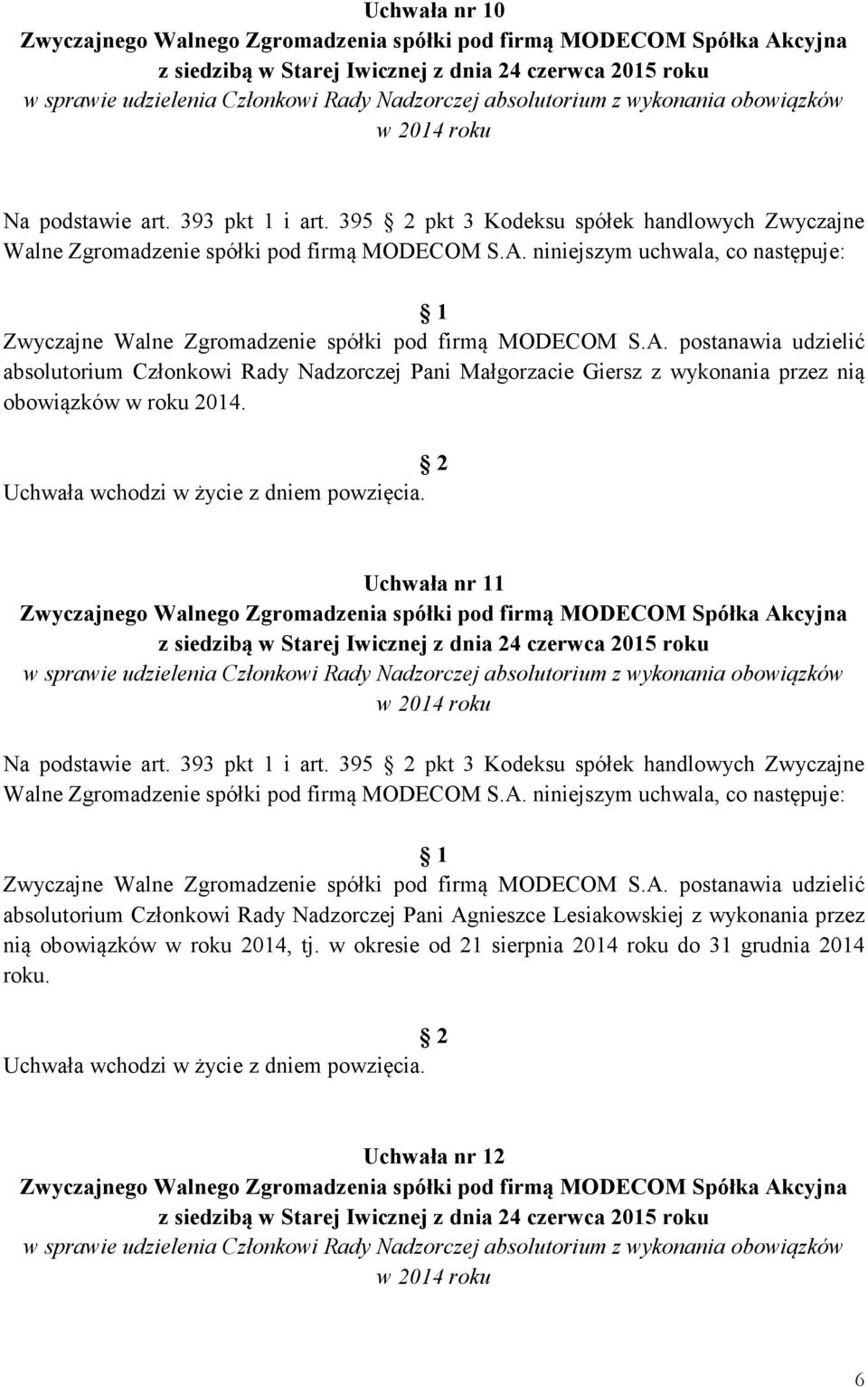 przez nią obowiązków w roku 2014. Uchwała nr 11 Na podstawie art. 393 pkt 1 i art.