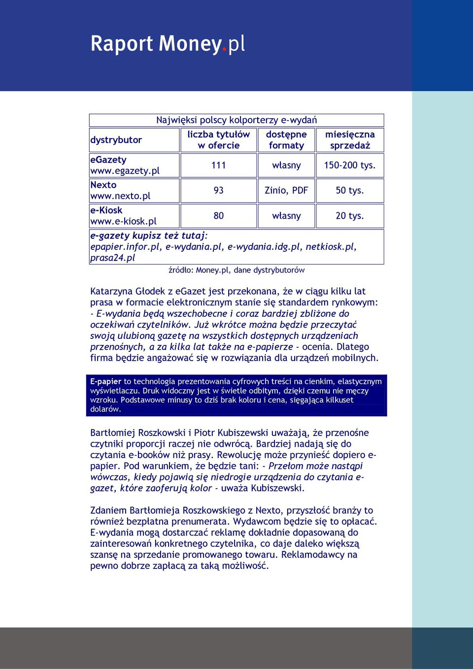 pl, dane dystrybutorów Katarzyna Głodek z egazet jest przekonana, że w ciągu kilku lat prasa w formacie elektronicznym stanie się standardem rynkowym: - E-wydania będą wszechobecne i coraz bardziej