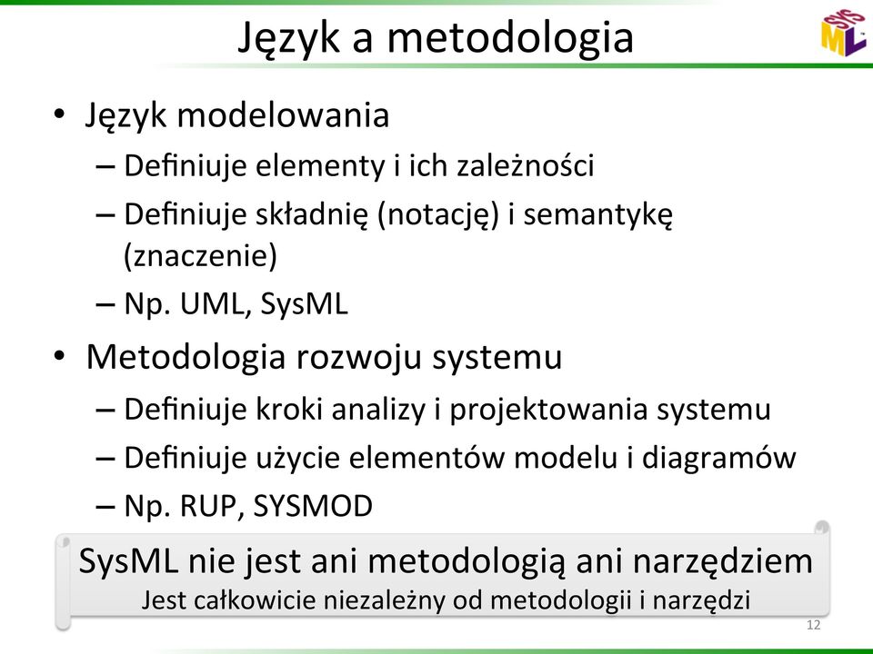 UML, SysML Metodologia rozwoju systemu Definiuje kroki analizy i projektowania systemu