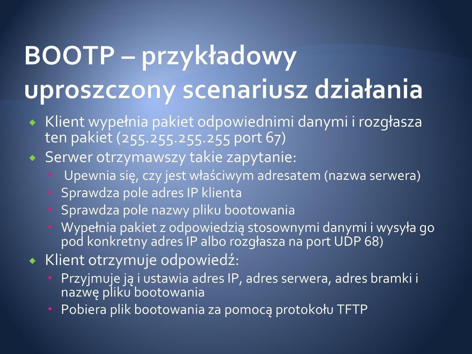 adres IP klienta Sprawdza pole nazwy pliku bootowania W ypełnia pakiet z odpow iedzią stosow nym idanym iiw ysyła go pod konkretny adres