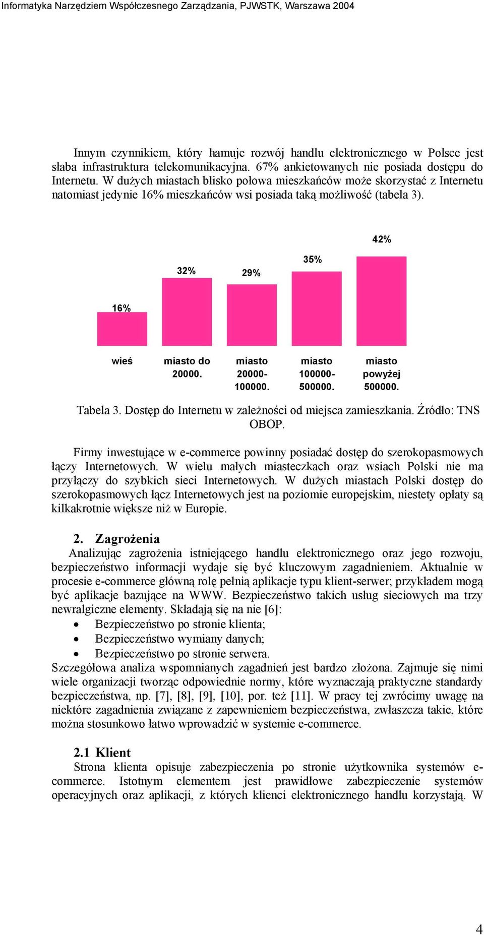 miasto 20000-100000. miasto 100000-500000. miasto powyżej 500000. Tabela 3. Dostęp do Internetu w zależności od miejsca zamieszkania. Źródło: TNS OBOP.