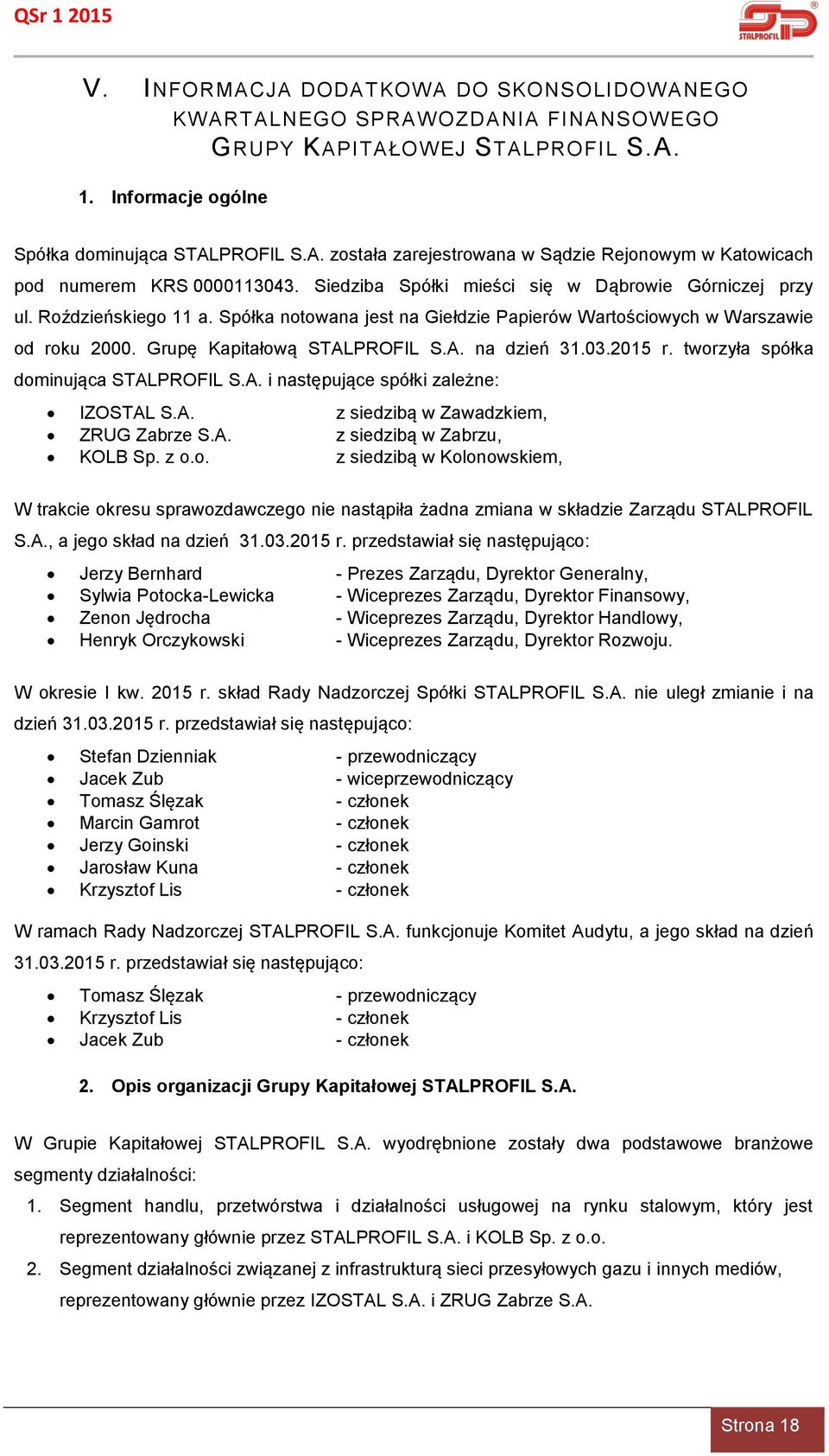 03.2015 r. tworzyła spółka dominująca STALPROFIL S.A. i następujące spółki zależne: IZOSTAL S.A. z siedzibą w Zawadzkiem, ZRUG Zabrze S.A. z siedzibą w Zabrzu, KOLB Sp. z o.o. z siedzibą w Kolonowskiem, W trakcie okresu sprawozdawczego nie nastąpiła żadna zmiana w składzie Zarządu STALPROFIL S.