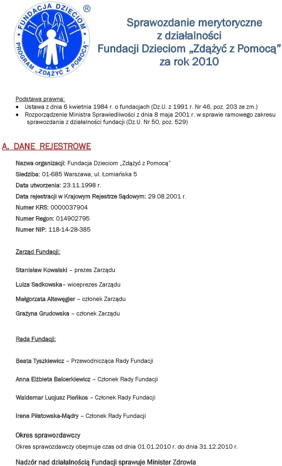 DANE REJESTROWE Nazwa organizacji: Fundacja Dzieciom Zdążyć z Pomocą Siedziba: 01-685 Warszawa, ul. Łomiańska 5 Data utworzenia: 23.11.1998 r. Data rejestracji w Krajowym Rejestrze Sądowym: 29.08.