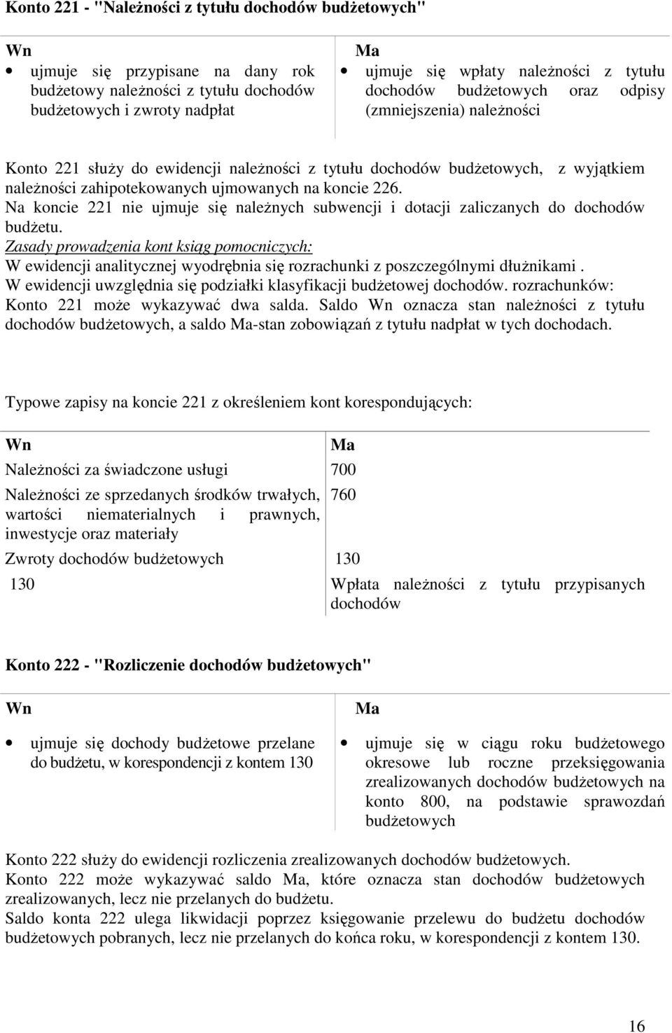 Na koncie 221 nie ujmuje się naleŝnych subwencji i dotacji zaliczanych do dochodów budŝetu. W ewidencji analitycznej wyodrębnia się rozrachunki z poszczególnymi dłuŝnikami.