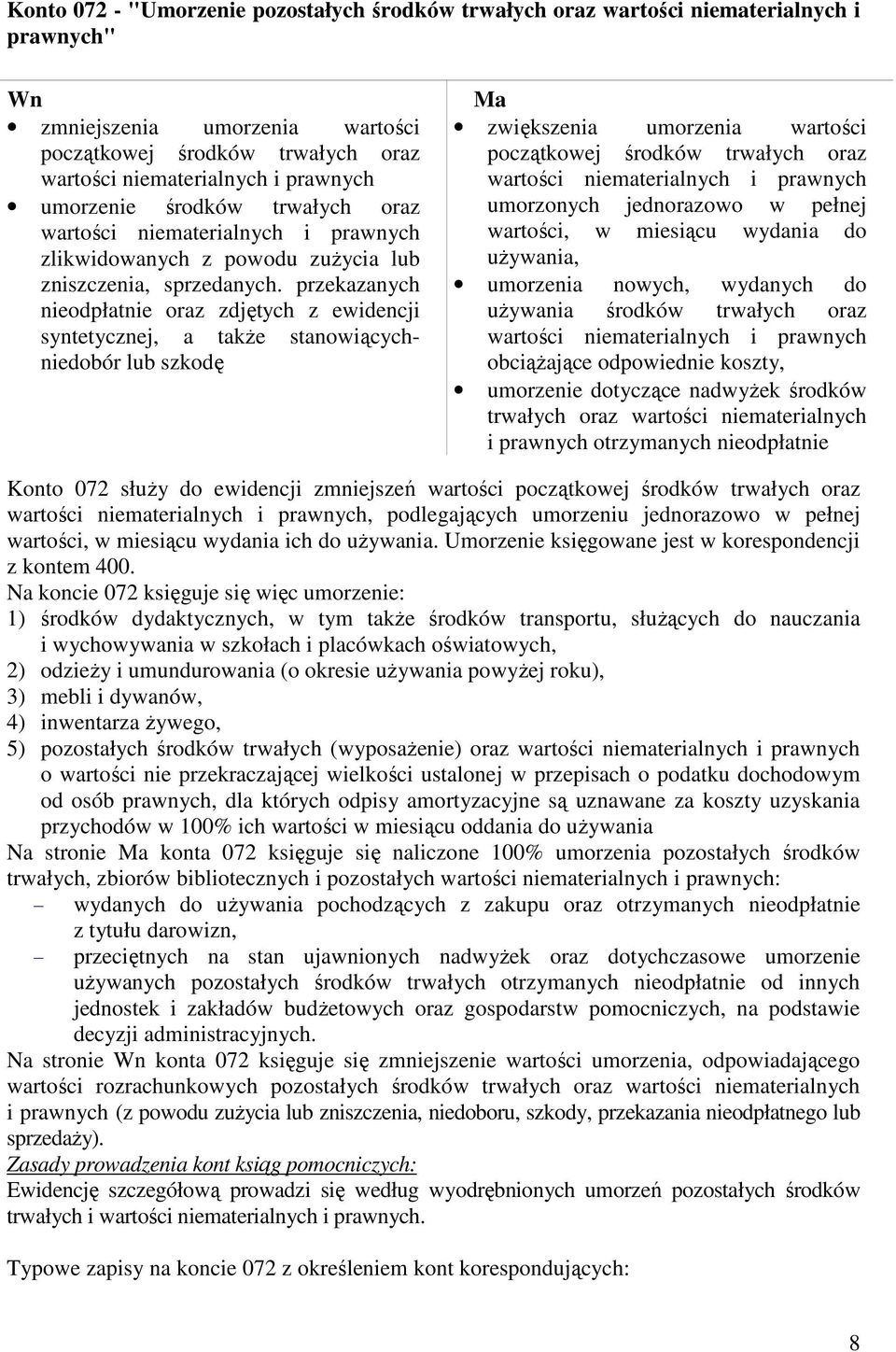 przekazanych nieodpłatnie oraz zdjętych z ewidencji syntetycznej, a takŝe stanowiącychniedobór lub szkodę zwiększenia umorzenia wartości początkowej środków trwałych oraz wartości niematerialnych i