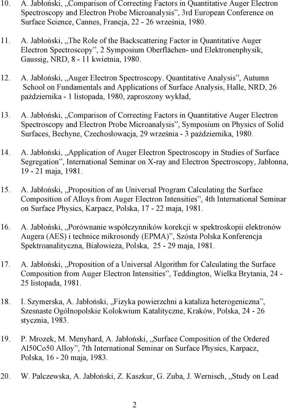 1980. 11. A. Jabłoński, The Role of the Backscattering Factor in Quantitative Auger Electron Spectroscopy, 2 Symposium Oberflächen- und Elektronenphysik, Gaussig, NRD, 8-11 kwietnia, 1980. 12. A. Jabłoński, Auger Electron Spectroscopy.