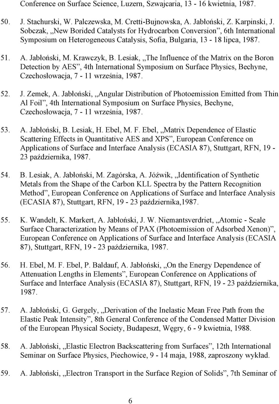 Lesiak, The Influence of the Matrix on the Boron Detection by AES, 4th International Symposium on Surface Physics, Bechyne, Czechosłowacja, 7-11 września, 1987. 52. J. Zemek, A.