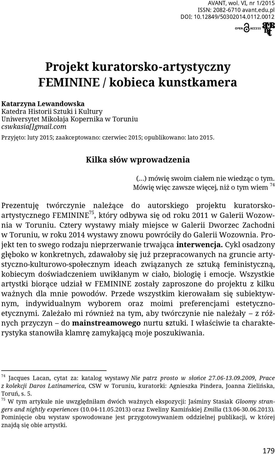 com Przyjęto: luty 2015; zaakceptowano: czerwiec 2015; opublikowano: lato 2015. Kilka słów wprowadzenia ( ) mówię swoim ciałem nie wiedząc o tym.