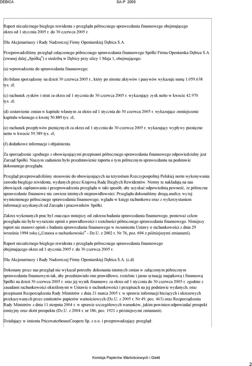 , który po stronie aktywów i pasywów wykazuje sumę 1.059.638 tys. zł; (c) rachunek zysków i strat za okres od 1 stycznia do 30 czerwca 2005 r. wykazujący zysk netto w kwocie 42.970 tys.