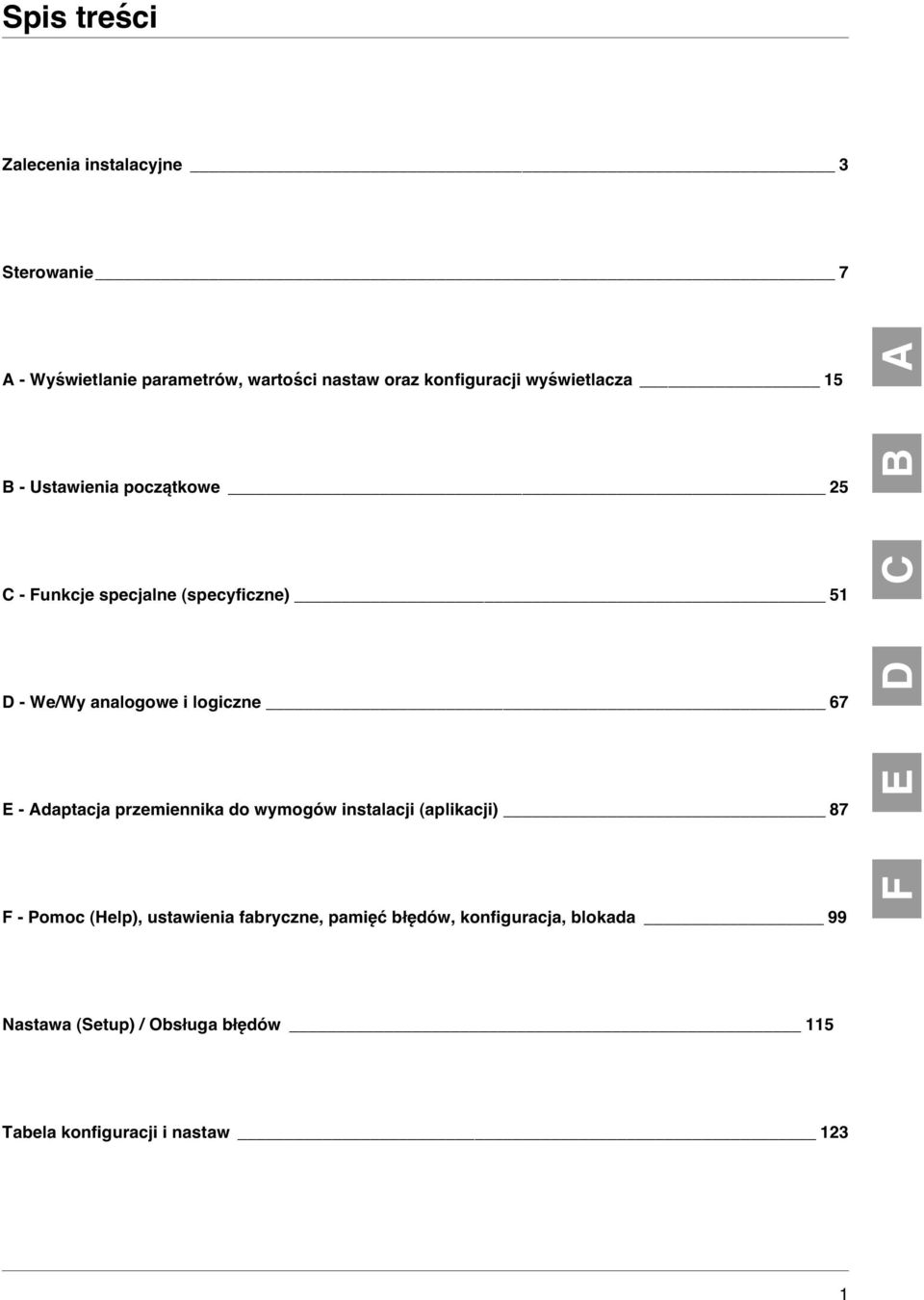 67 E - Adaptacja przemiennika do wymogów instalacji (aplikacji) 87 F - Pomoc (Help), ustawienia fabryczne, pamięć