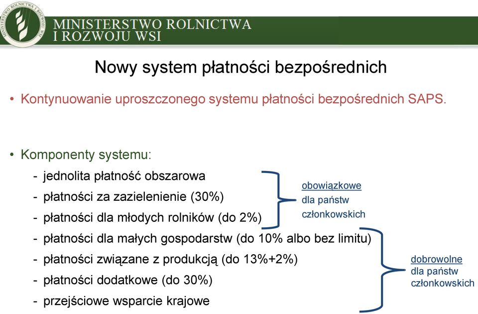 rolników (do 2%) obowiązkowe dla państw członkowskich - płatności dla małych gospodarstw (do 10% albo bez limitu) -