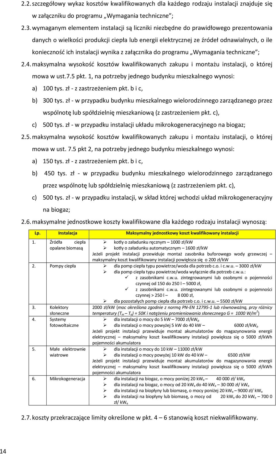 instalacji wynika z załącznika do programu Wymagania techniczne ; 2.4. maksymalna wysokość kosztów kwalifikowanych zakupu i montażu instalacji, o której mowa w ust.7.5 pkt.